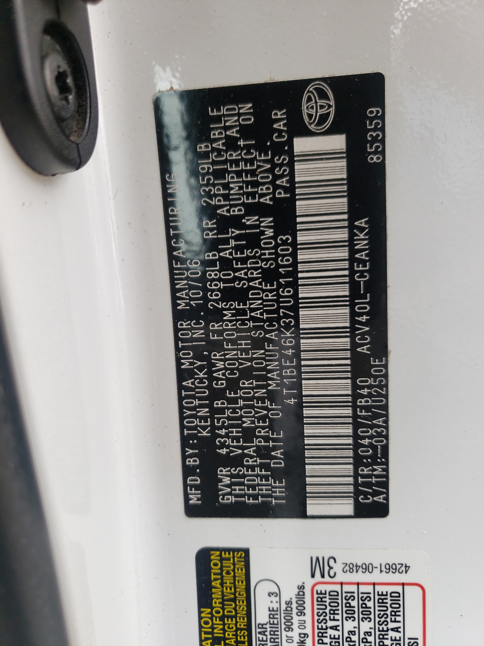 Photo 10 from auction – 2007 TOYOTA CAMRY CE with VIN 4T1BE46K37U611603