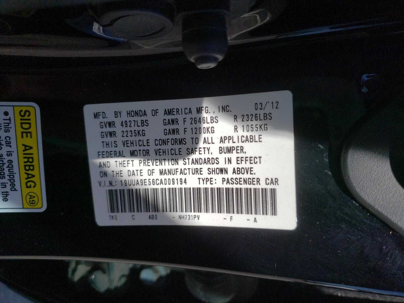 Photo 10 from auction – 2012 ACURA TL with VIN 19UUA9E56CA009194