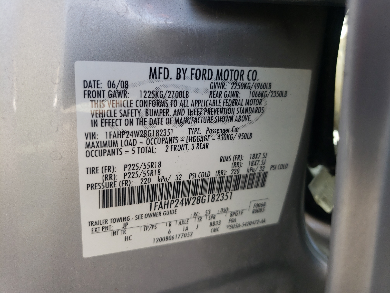 Photo 10 from auction – 2008 FORD TAURUS SEL with VIN 1FAHP24W28G182351
