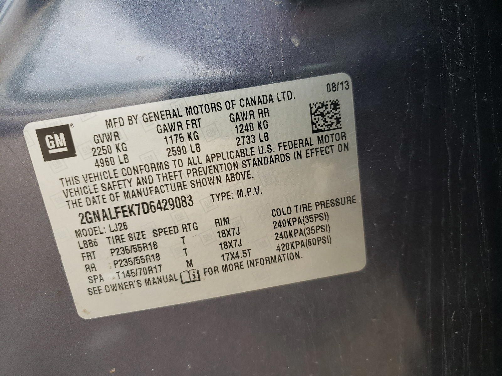 Photo 10 from auction – 2013 CHEVROLET EQUINOX LT with VIN 2GNALFEK7D6429083