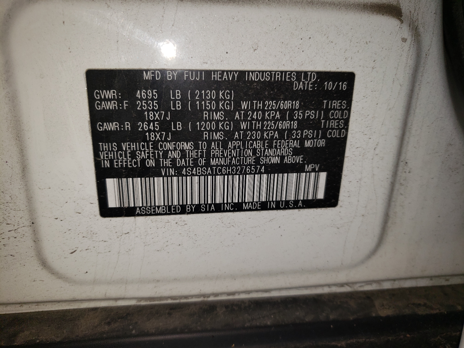 Photo 10 from auction – 2017 SUBARU OUTBACK TO with VIN 4S4BSATC6H3276574