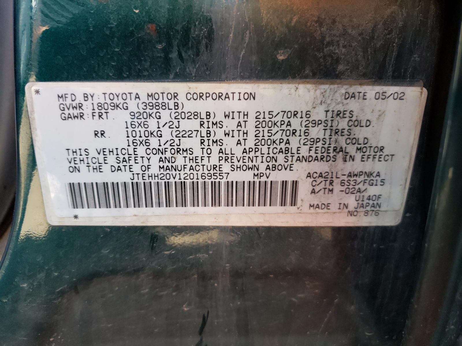 Photo 10 from auction – 2002 TOYOTA RAV4 with VIN JTEHH20V120169557