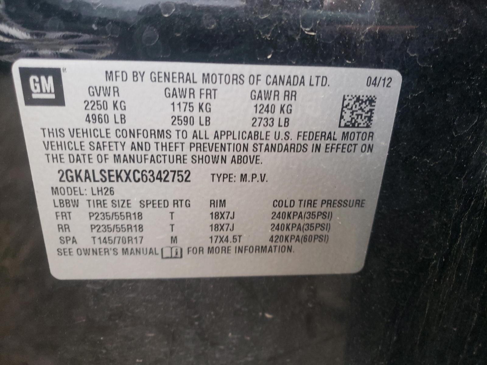 Photo 10 from auction – 2012 GMC TERRAIN SL with VIN 2GKALSEKXC6342752