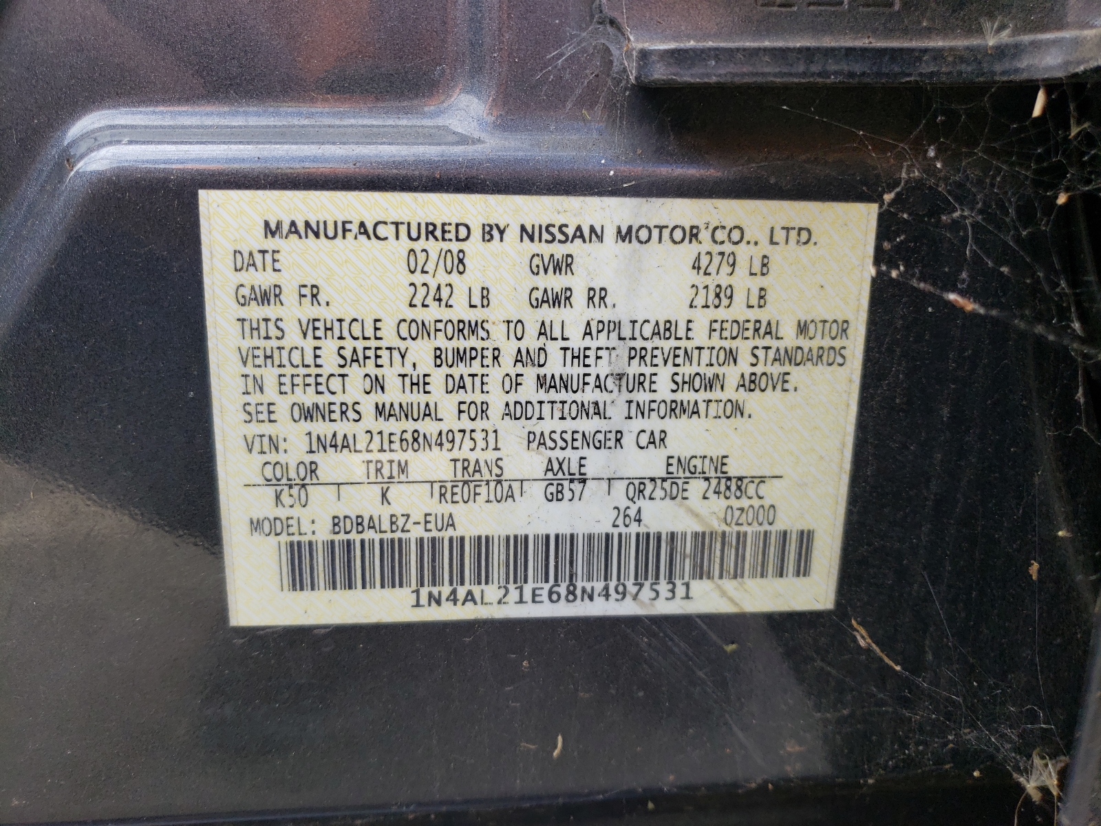 Photo 10 from auction – 2008 NISSAN ALTIMA 2.5 with VIN 1N4AL21E68N497531