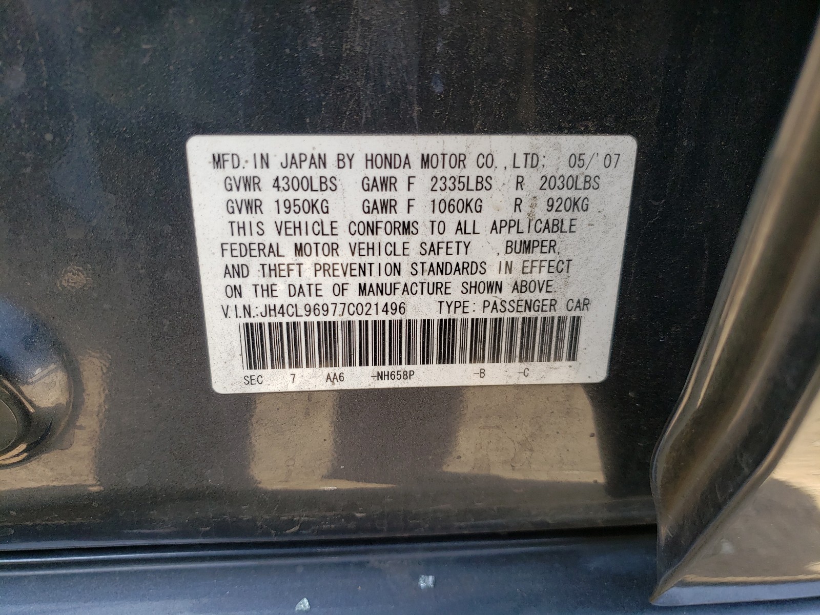 Photo 10 from auction – 2007 ACURA TSX with VIN JH4CL96977C021496