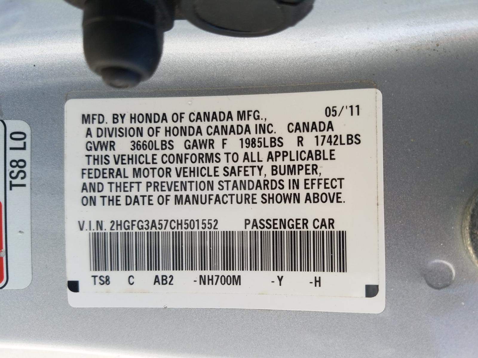 Photo 10 from auction – 2012 HONDA CIVIC LX with VIN 2HGFG3A57CH501552