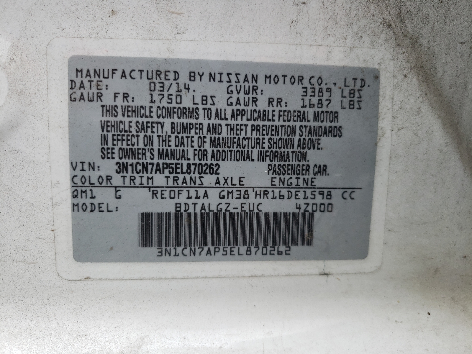 Photo 10 from auction – 2014 NISSAN VERSA S with VIN 3N1CN7AP5EL870262
