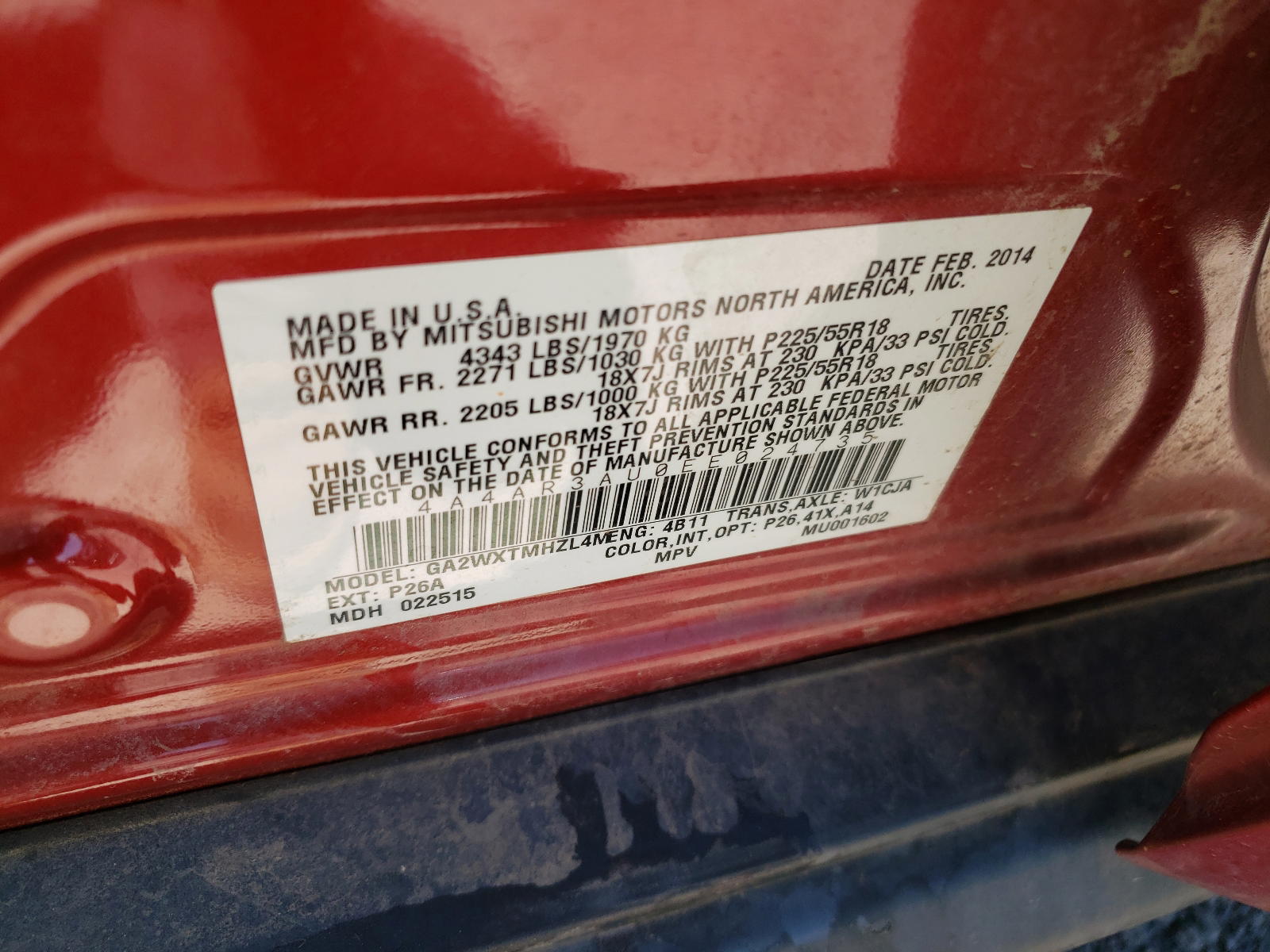 Photo 10 from auction – 2014 MITSUBISHI OUTLANDER with VIN 4A4AR3AU0EE024735