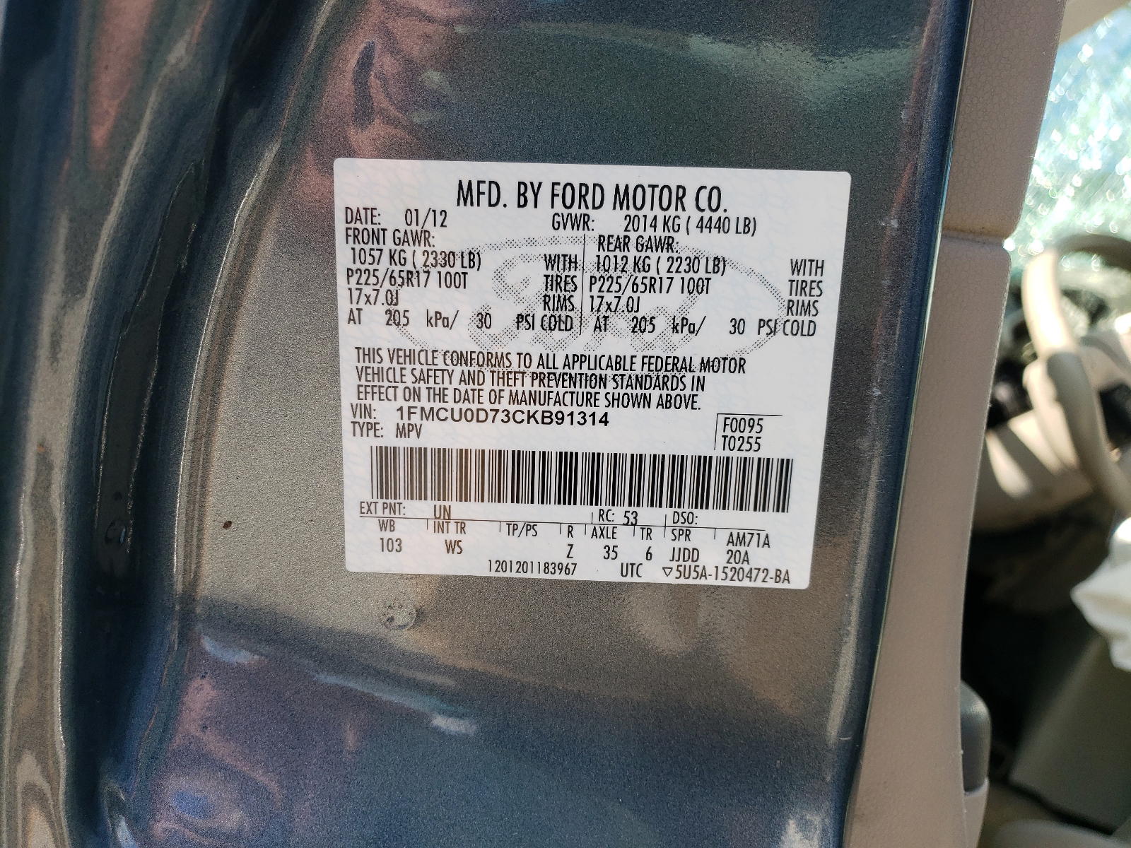 Photo 10 from auction – 2012 FORD ESCAPE XLT with VIN 1FMCU0D73CKB91314
