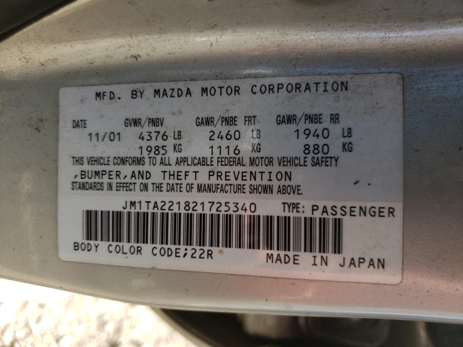Photo 10 from auction – 2002 MAZDA MILLENIA with VIN JM1TA221821725340