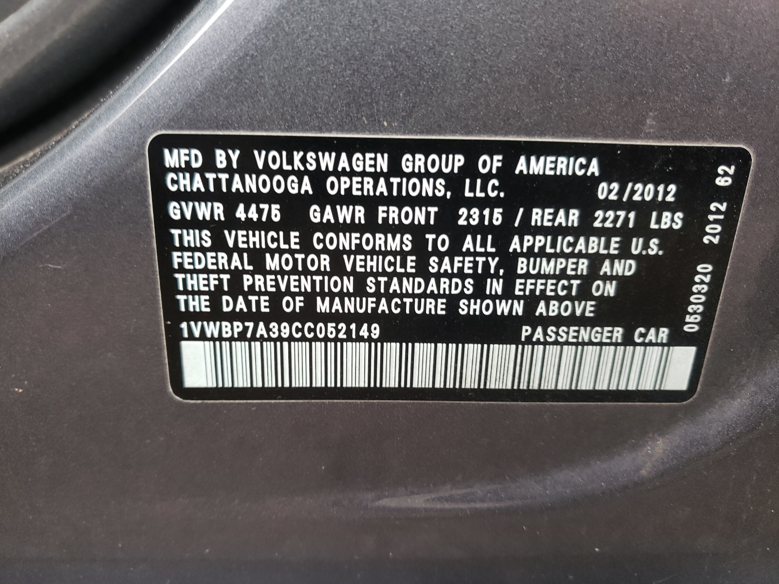 Photo 10 from auction – 2012 VOLKSWAGEN PASSAT SE with VIN 1VWBP7A39CC052149