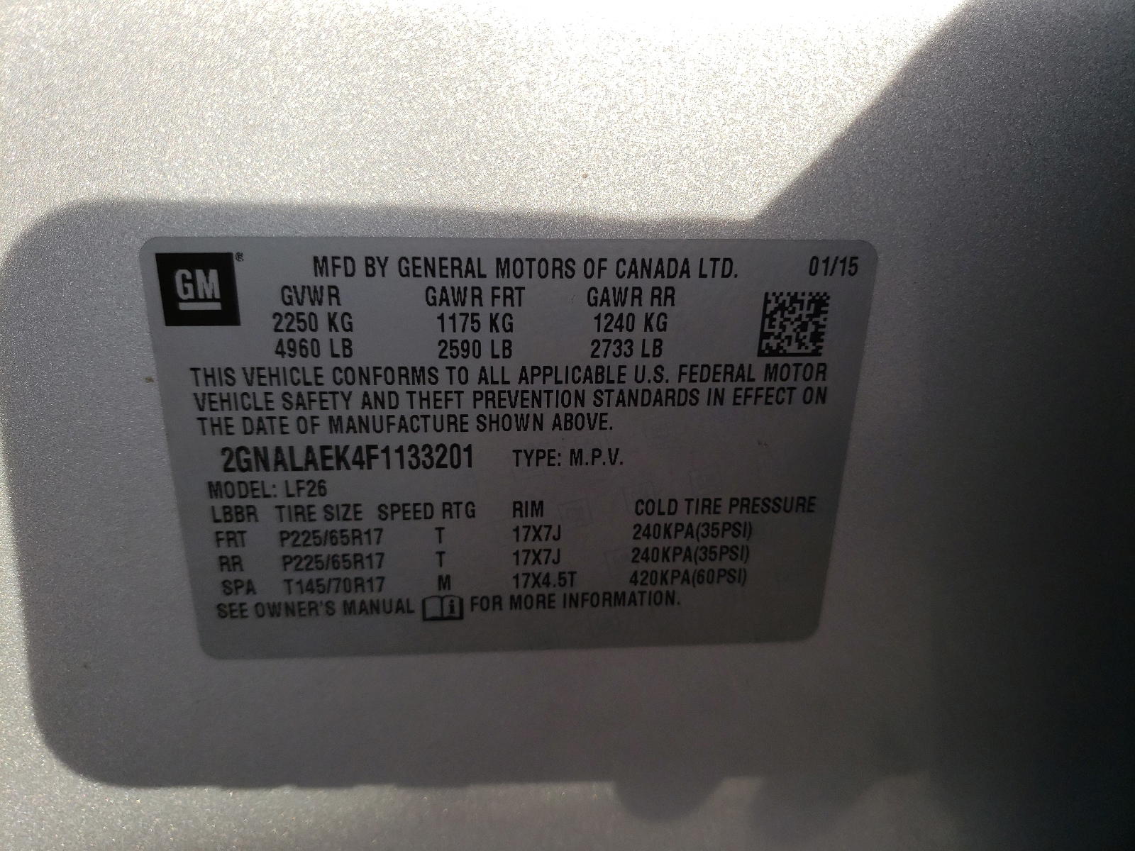 Photo 10 from auction – 2015 CHEVROLET EQUINOX LS with VIN 2GNALAEK4F1133201