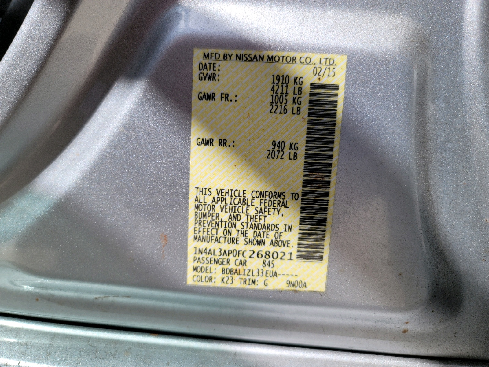 Photo 10 from auction – 2015 NISSAN ALTIMA 2.5 with VIN 1N4AL3AP0FC268021