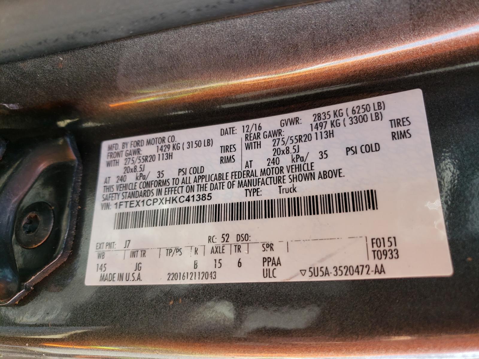 Photo 10 from auction – 2017 FORD F150 SUPER with VIN 1FTEX1CPXHKC41385