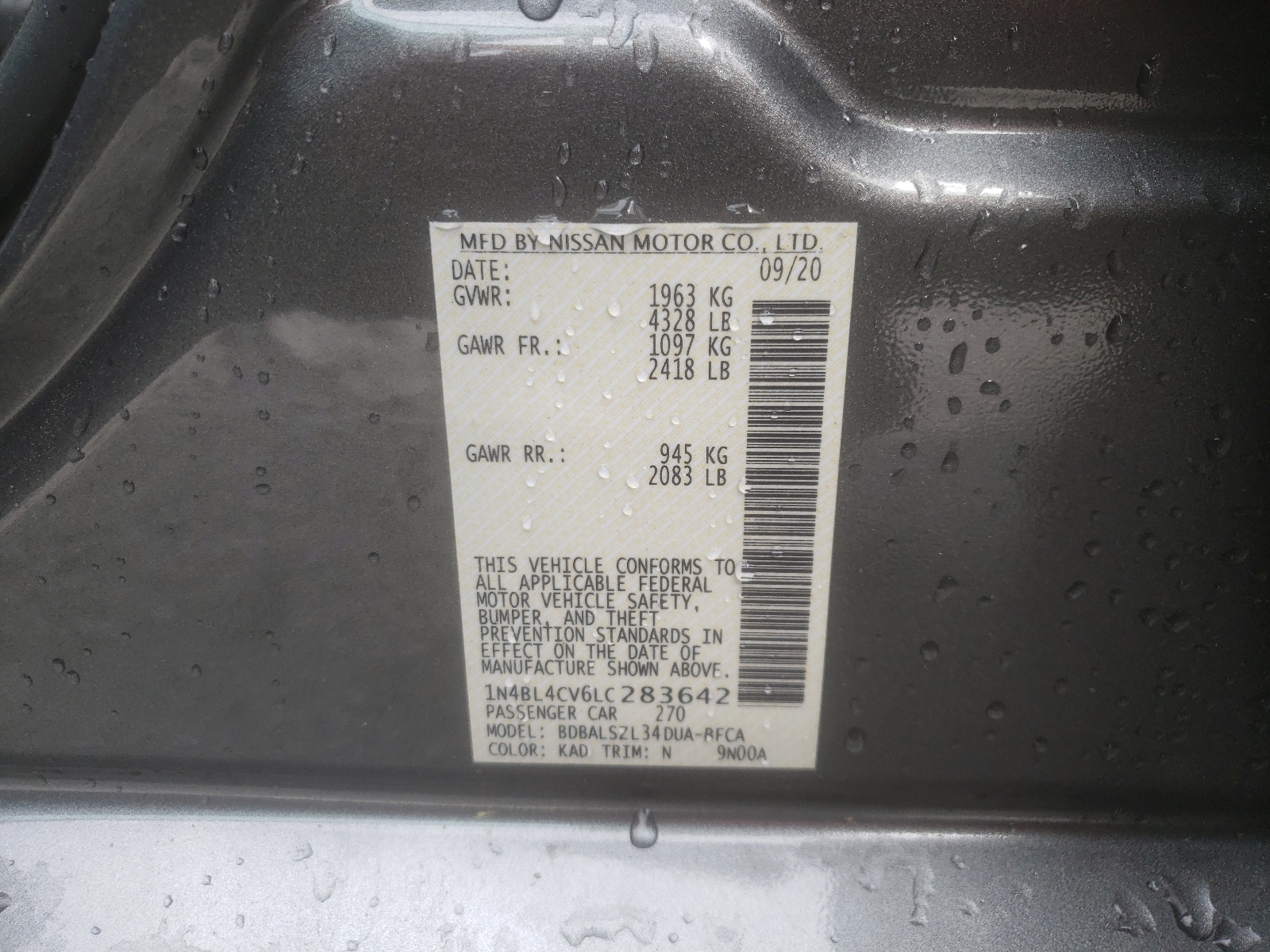 Photo 10 from auction – 2020 NISSAN ALTIMA SR with VIN 1N4BL4CV6LC283642