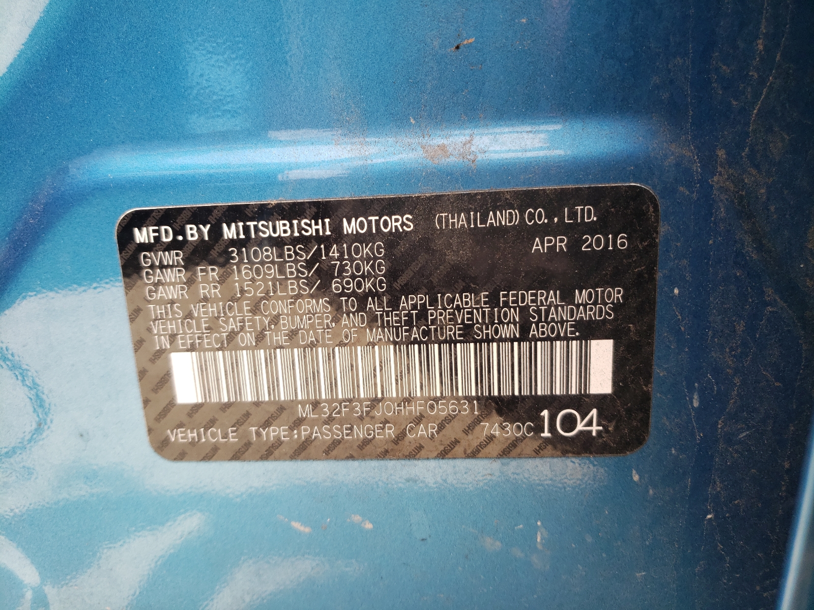 Photo 10 from auction – 2017 MITSUBISHI MIRAGE G4 with VIN ML32F3FJ0HHF05631