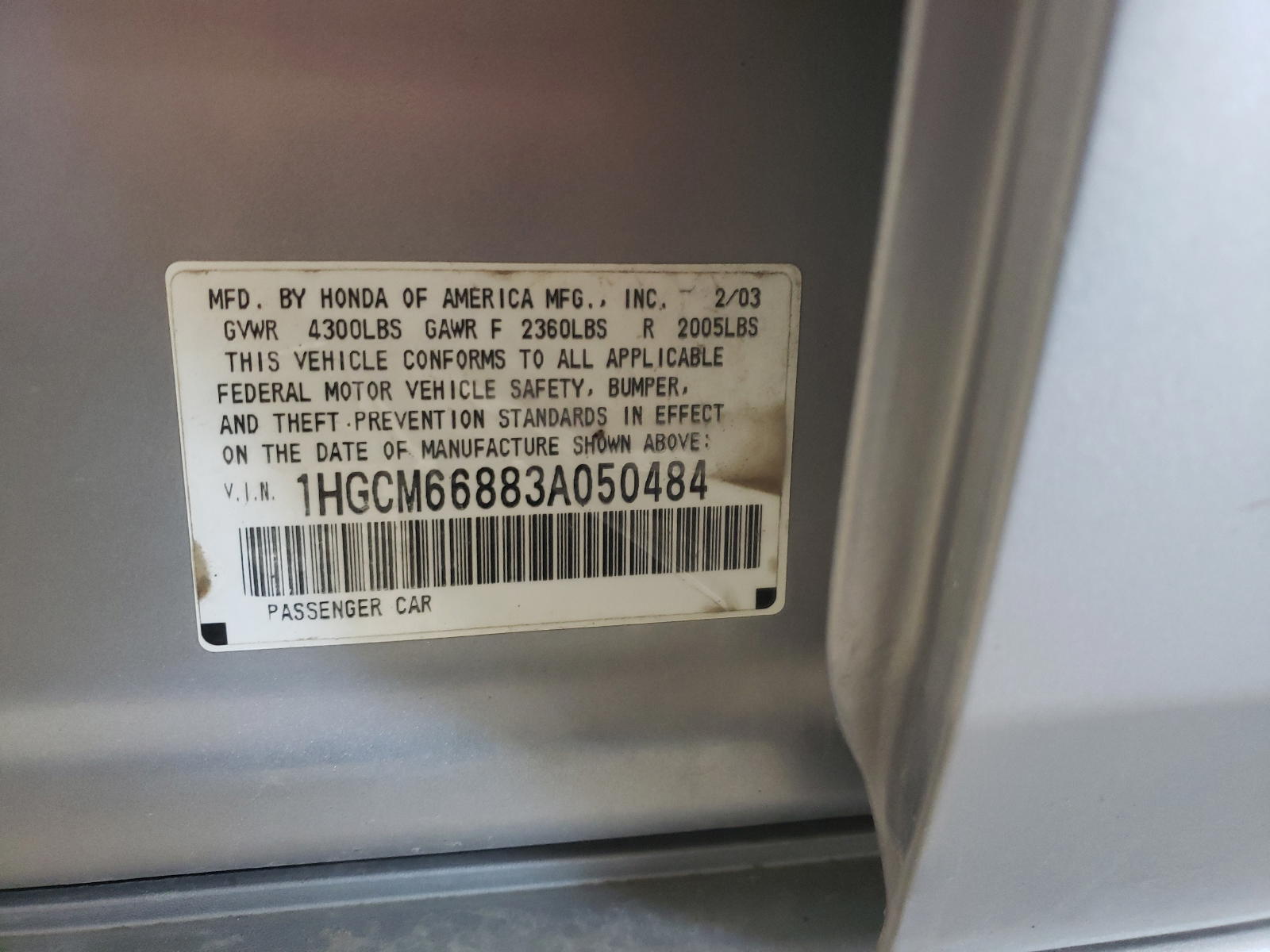 Photo 10 from auction – 2003 HONDA ACCORD with VIN 1HGCM66883A050484