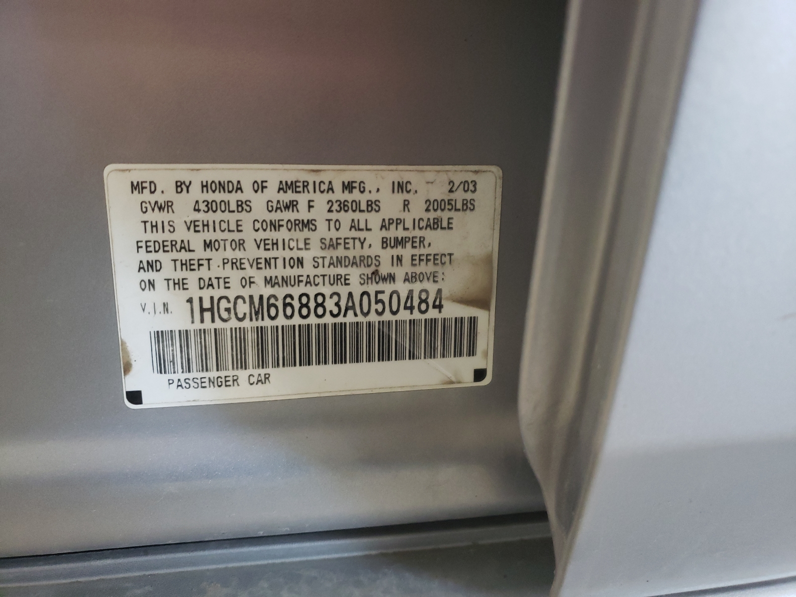 Zdjęcie 10 z aukcji – 2003 HONDA ACCORD z VIN 1HGCM66883A050484
