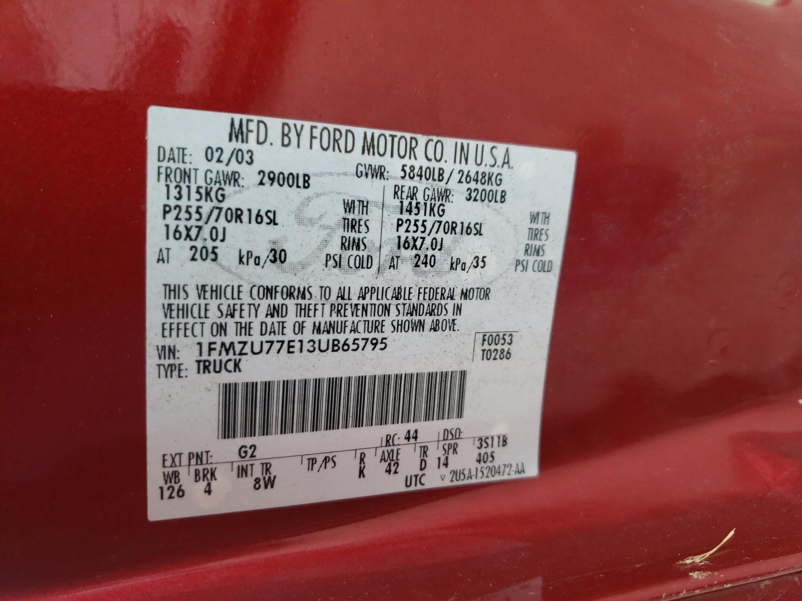 Photo 10 from auction – 2003 FORD EXPLORER S with VIN 1FMZU77E13UB65795