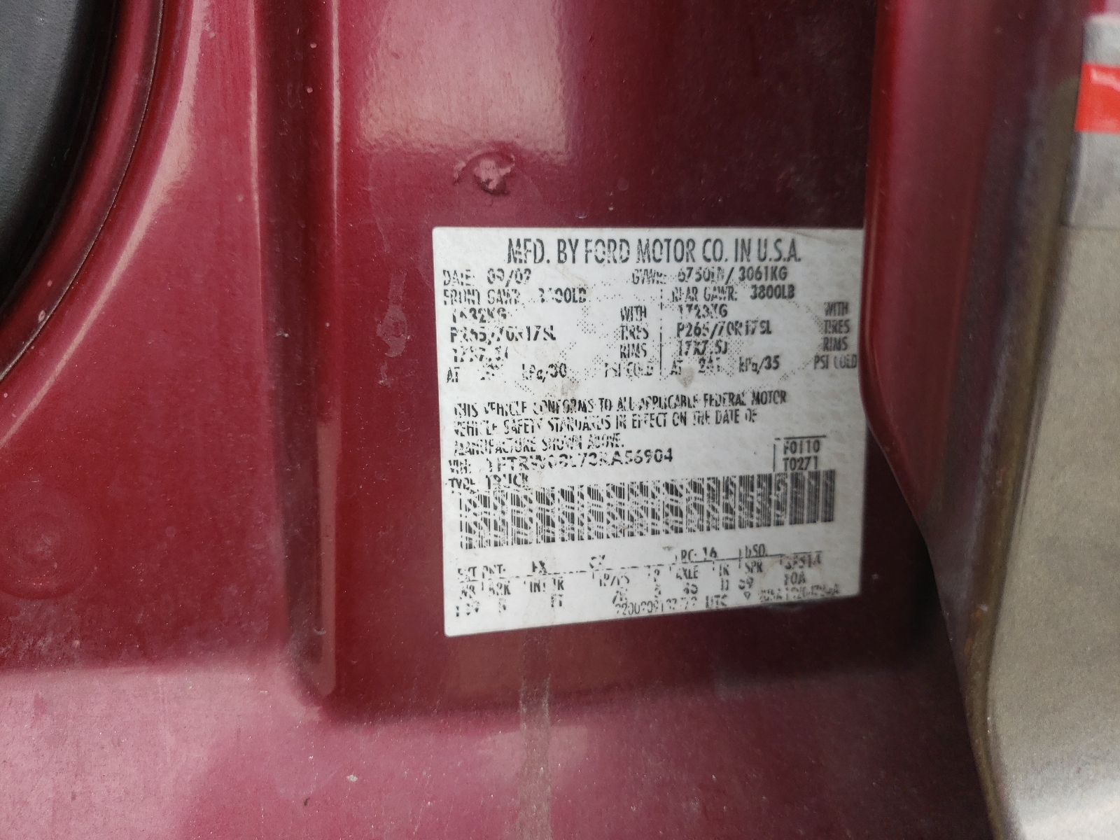 Photo 10 from auction – 2003 FORD F150 SUPER with VIN 1FTRW08L73KA56904