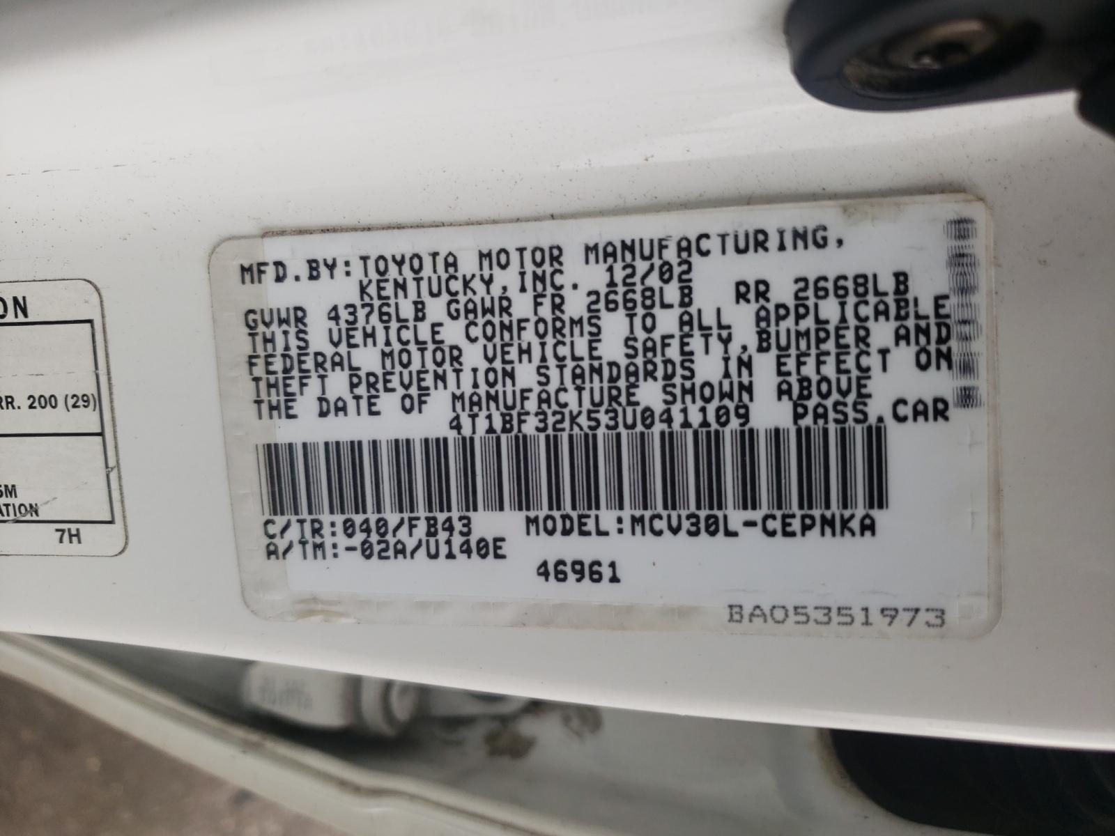 Photo 10 from auction – 2003 TOYOTA CAMRY LE with VIN 4T1BF32K53U041109