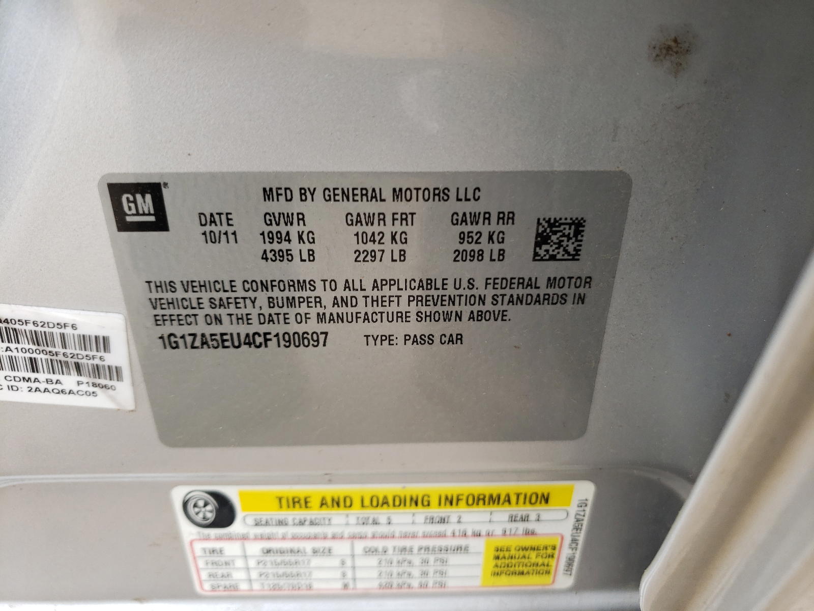 Photo 10 from auction – 2012 CHEVROLET MALIBU LS with VIN 1G1ZA5EU4CF190697