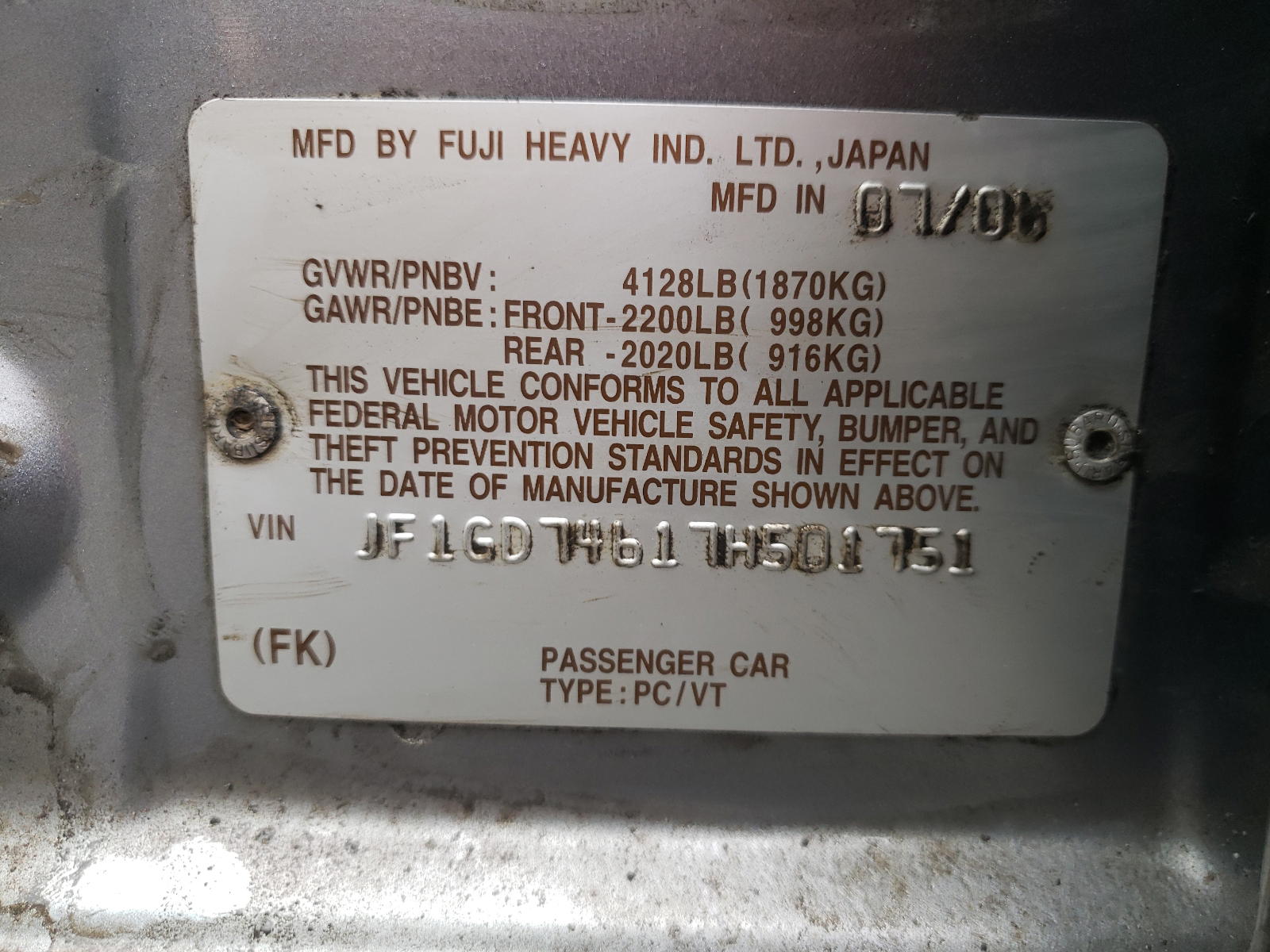 Photo 10 from auction – 2007 SUBARU IMPREZA WR with VIN JF1GD74617H501751