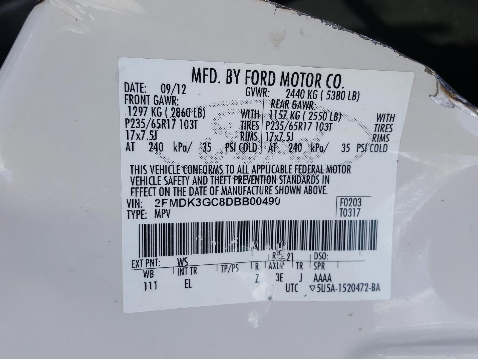 Photo 10 from auction – 2013 FORD EDGE with VIN 2FMDK3GC8DBB00490