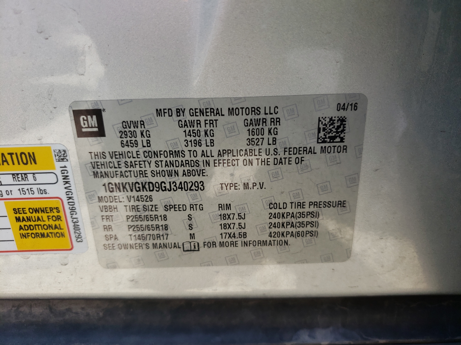 Photo 10 from auction – 2016 CHEVROLET TRAVERSE L with VIN 1GNKVGKD9GJ340293