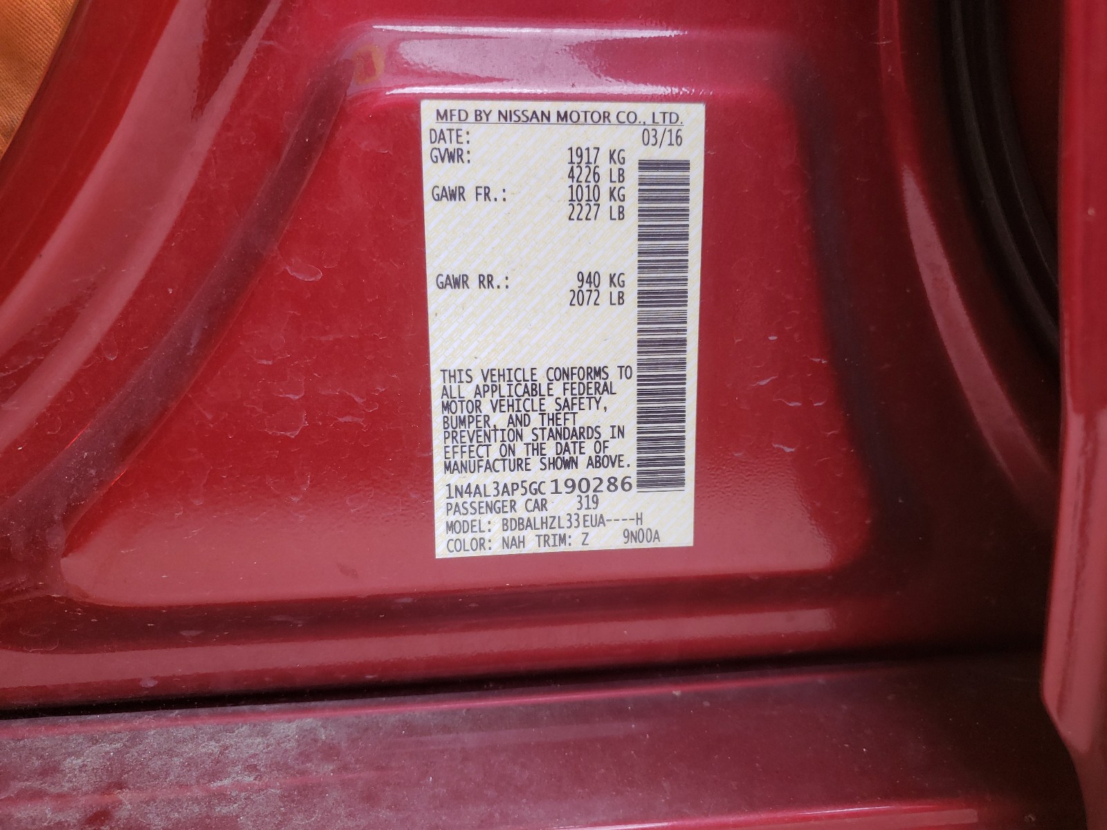 Photo 10 from auction – 2016 NISSAN ALTIMA 2.5 with VIN 1N4AL3AP5GC190286