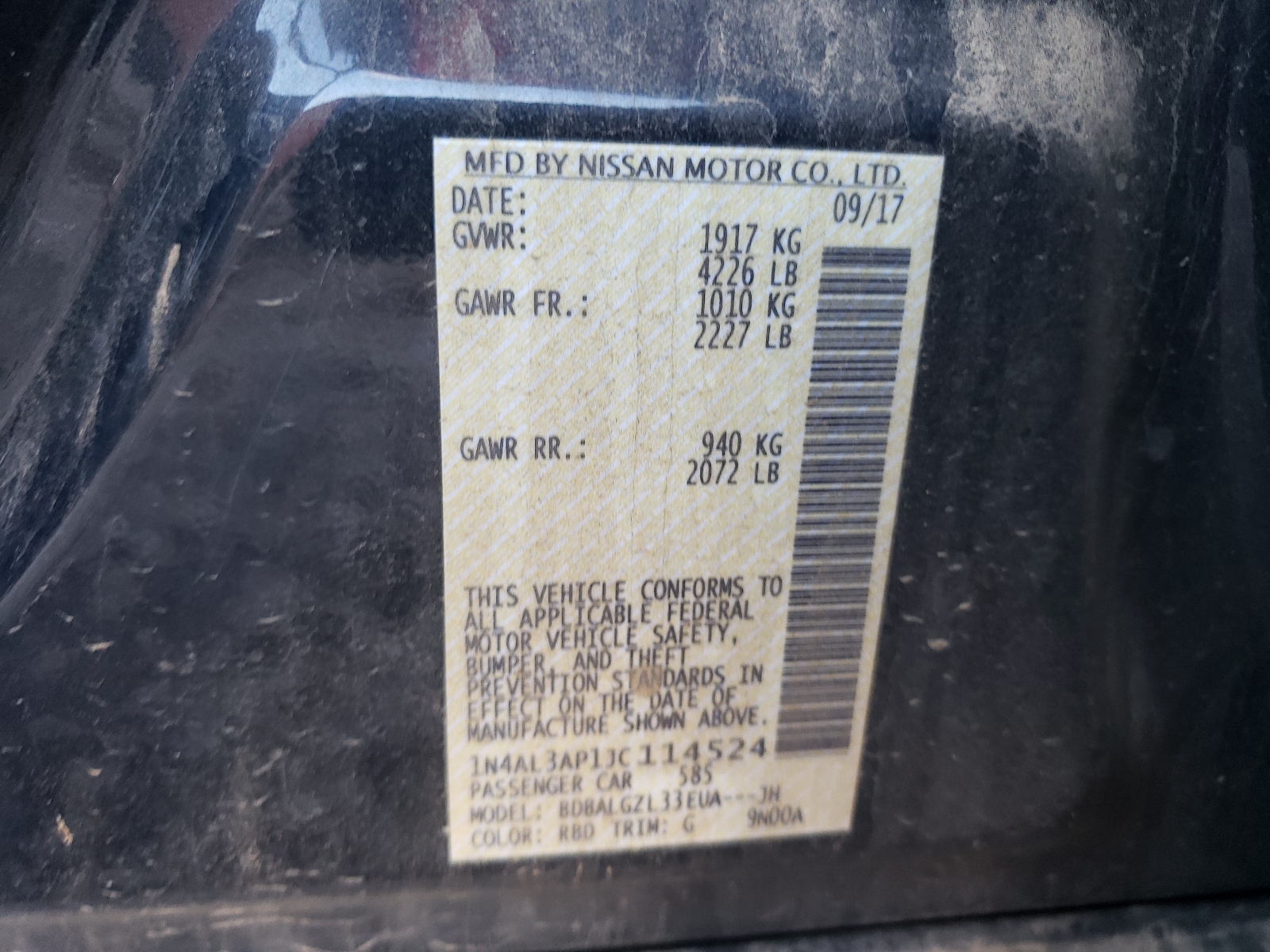 Photo 10 from auction – 2018 NISSAN ALTIMA 2.5 with VIN 1N4AL3AP1JC114524