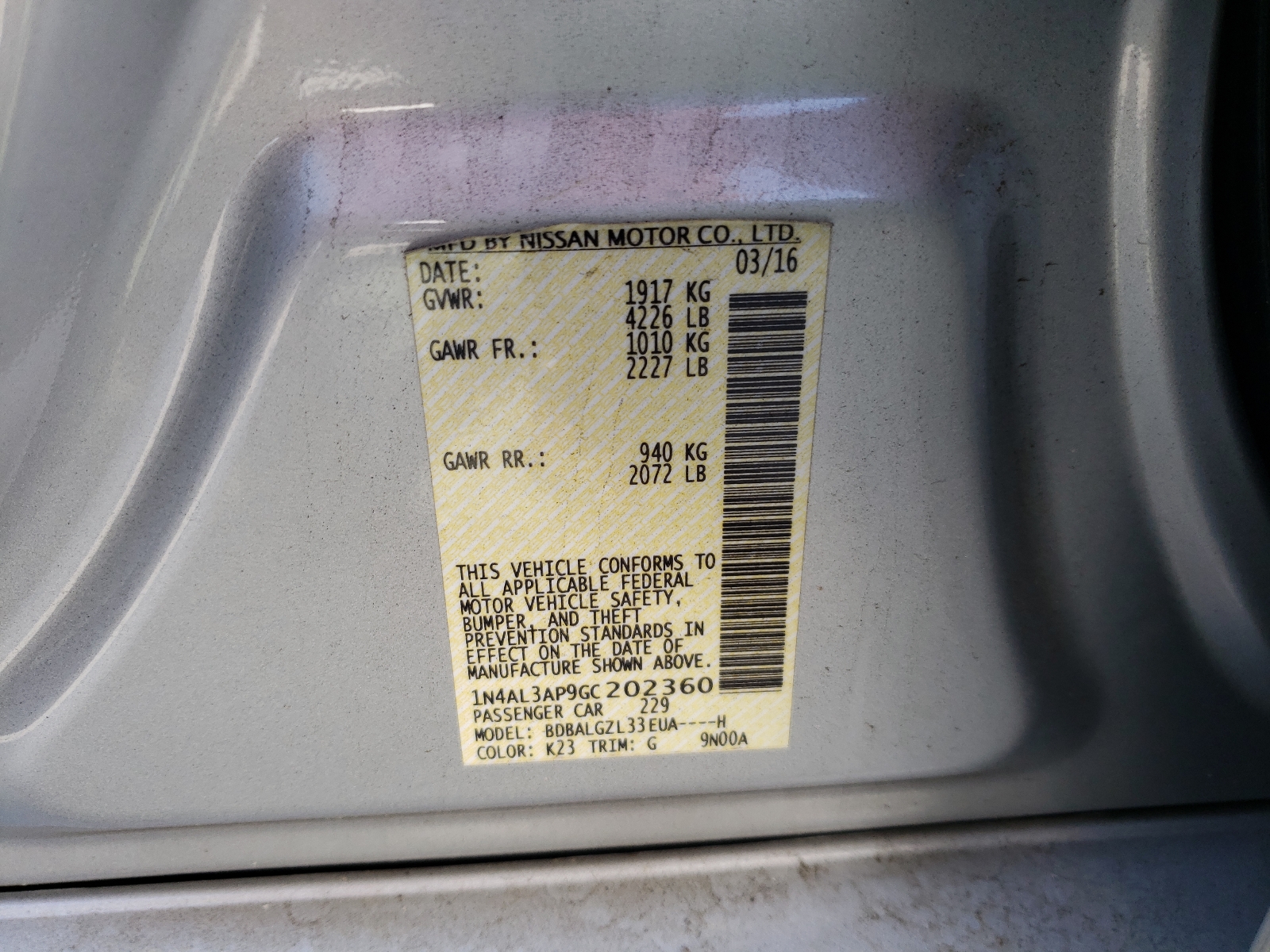 Photo 10 from auction – 2016 NISSAN ALTIMA 2.5 with VIN 1N4AL3AP9GC202360