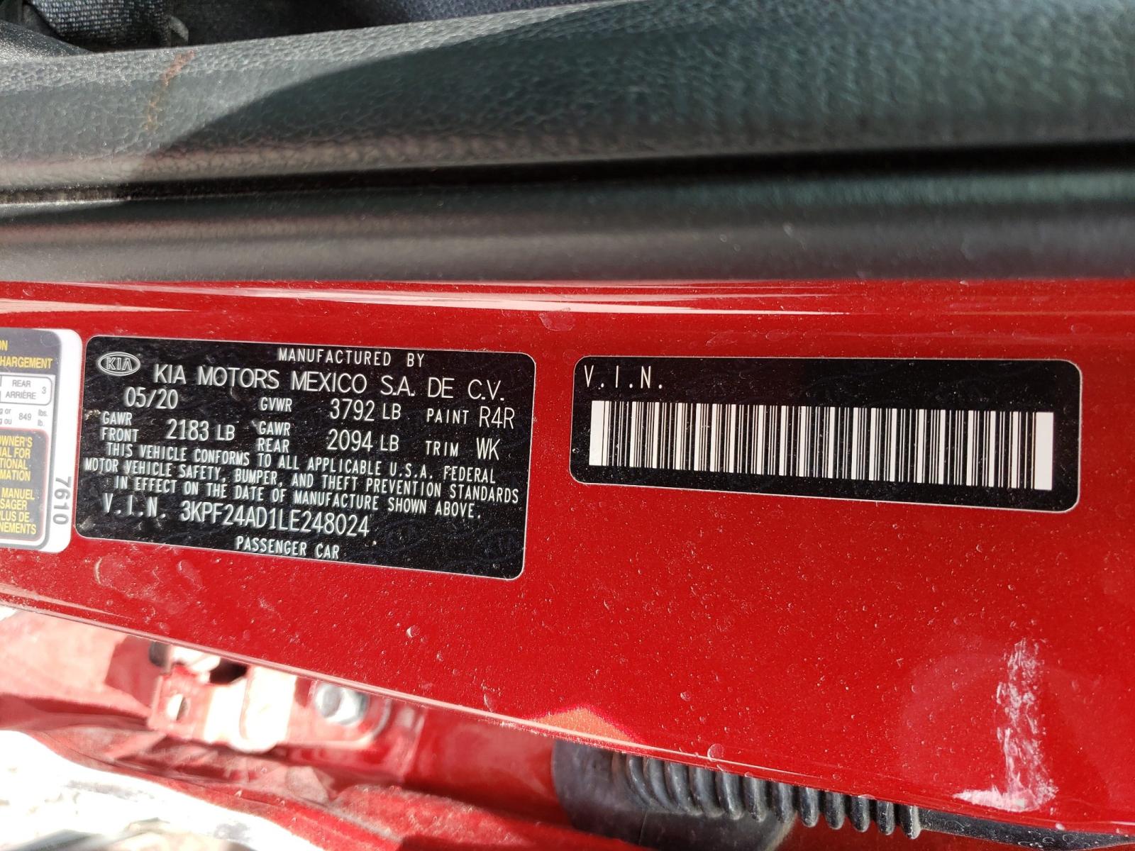 Photo 10 from auction – 2020 KIA FORTE FE with VIN 3KPF24AD1LE248024