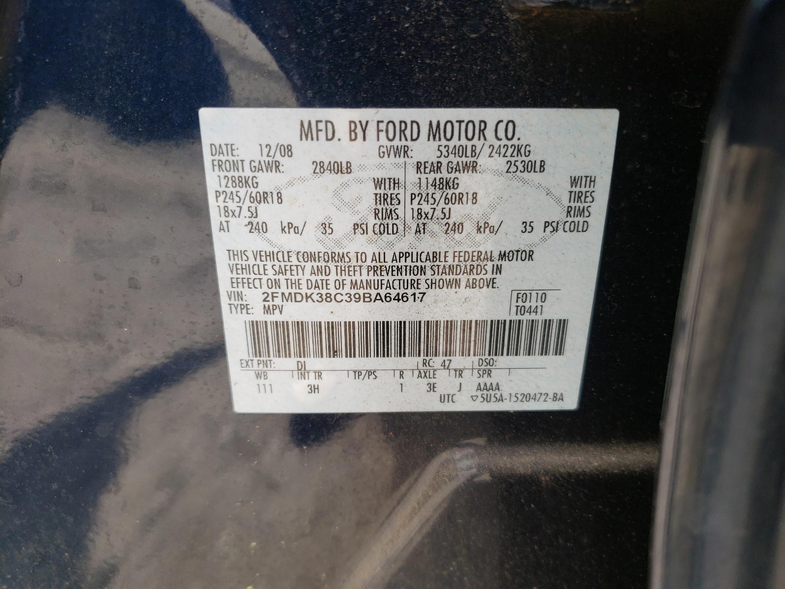 Photo 10 from auction – 2009 FORD EDGE SEL with VIN 2FMDK38C39BA64617