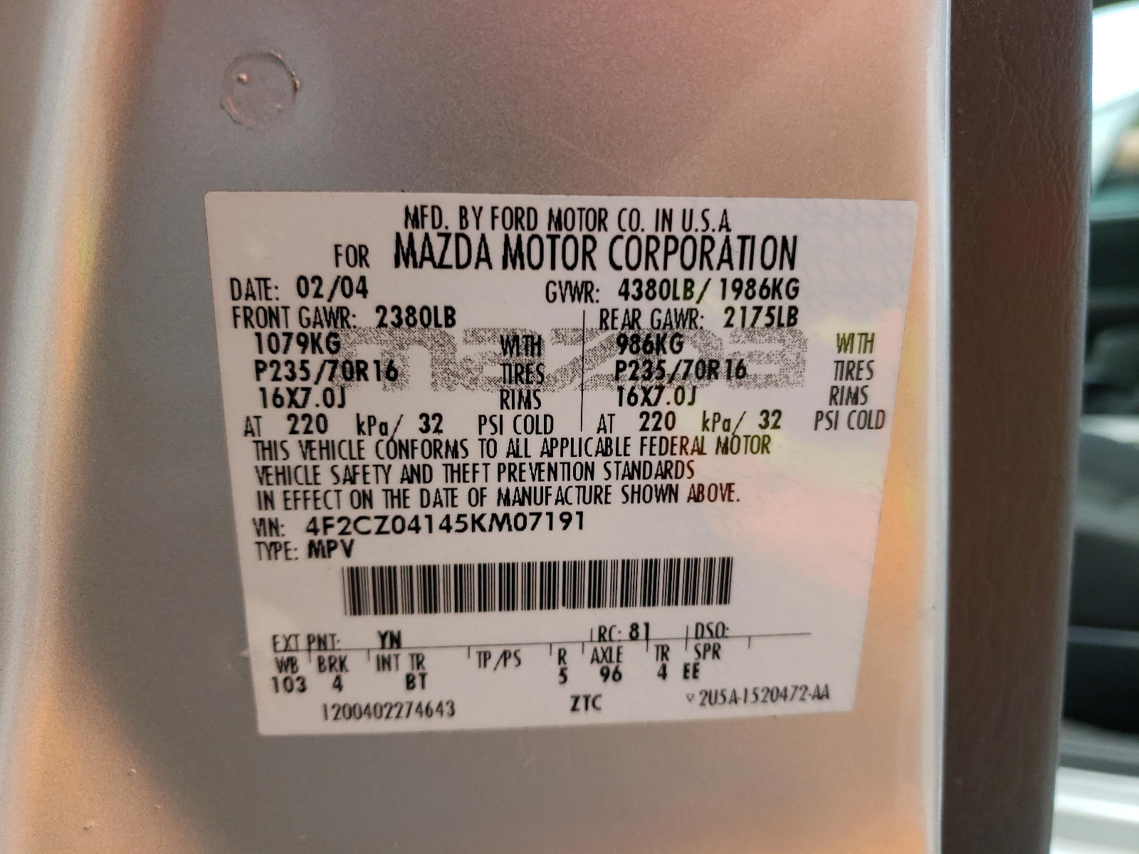 Photo 10 from auction – 2005 MAZDA TRIBUTE S with VIN 4F2CZ04145KM07191