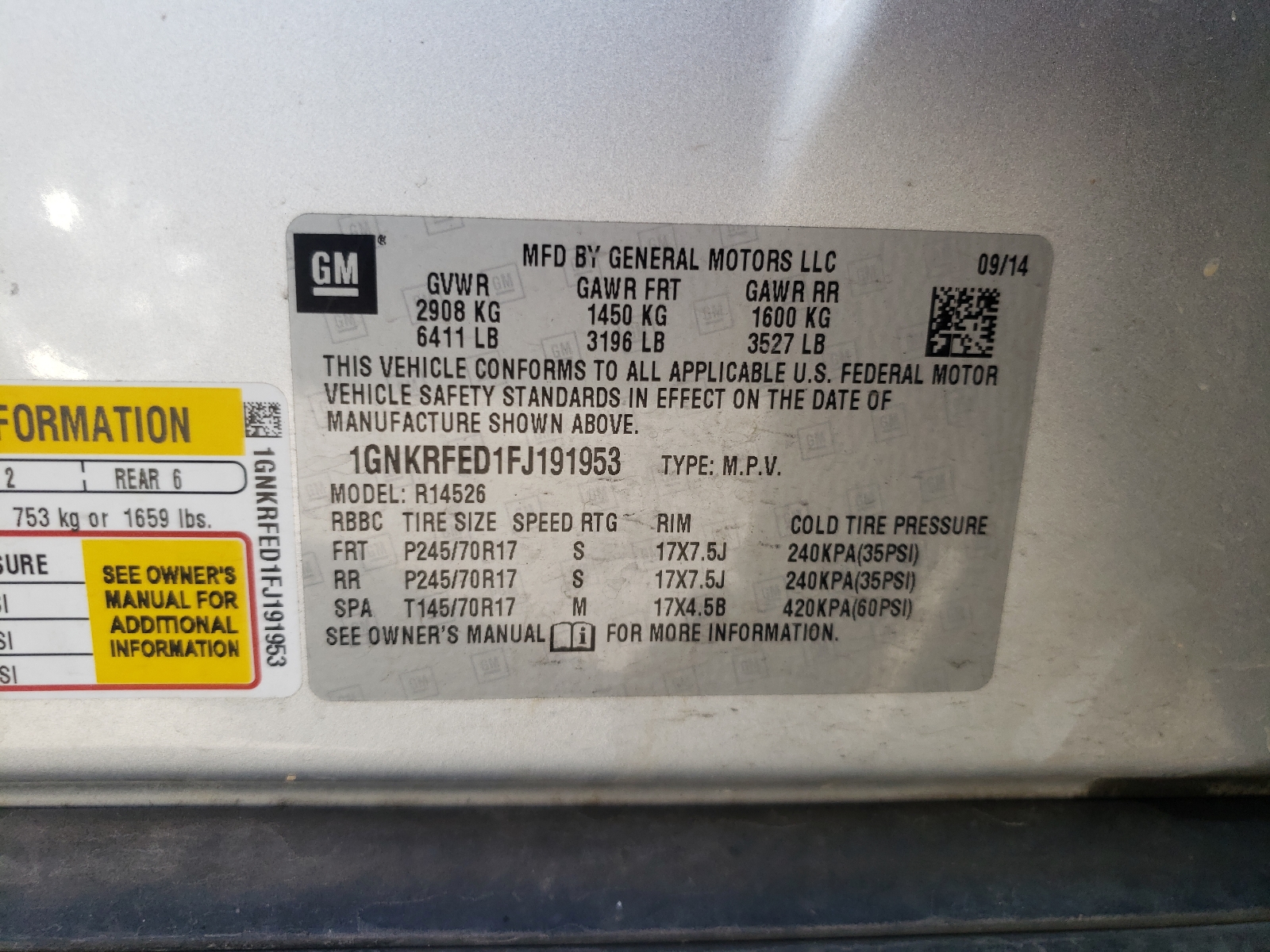 Photo 10 from auction – 2015 CHEVROLET TRAVERSE L with VIN 1GNKRFED1FJ191953