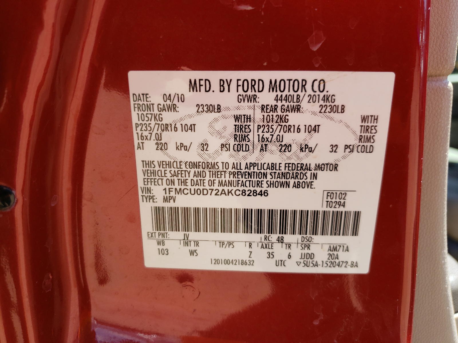 Photo 10 from auction – 2010 FORD ESCAPE XLT with VIN 1FMCU0D72AKC82846