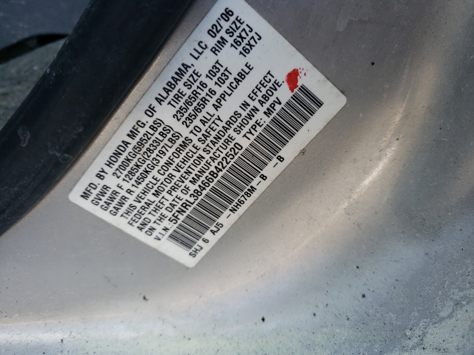 Photo 10 from auction – 2006 HONDA ODYSSEY EX with VIN 5FNRL38466B422520