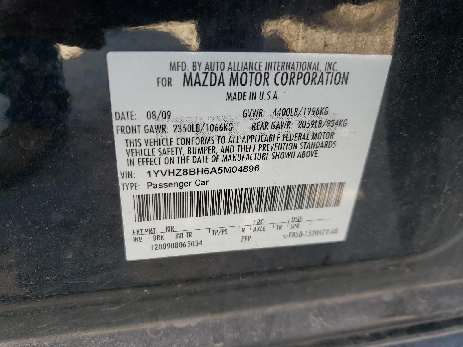 Photo 10 from auction – 2010 MAZDA 6 with VIN 1YVHZ8BH6A5M04896