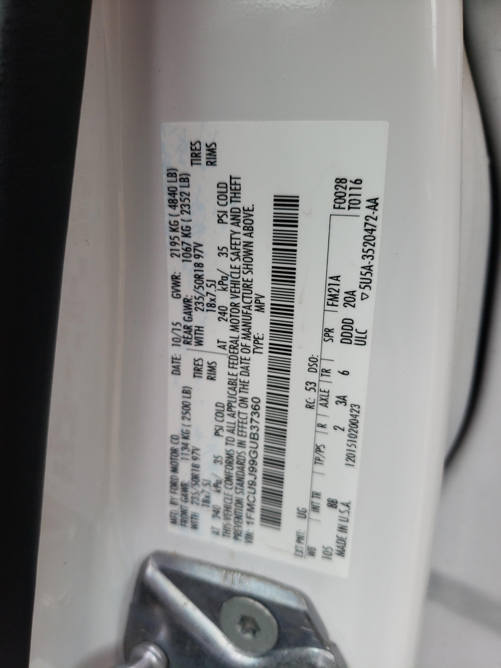 Photo 10 from auction – 2016 FORD ESCAPE TIT with VIN 1FMCU9J99GUB37360
