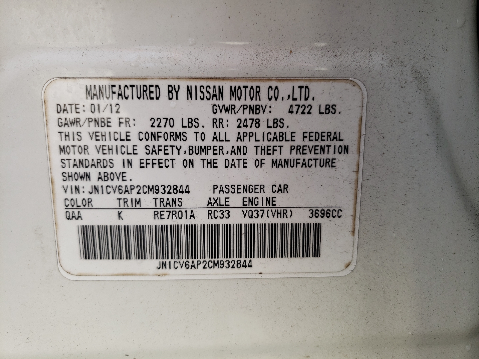 Photo 10 from auction – 2012 INFINITI G37 BASE with VIN JN1CV6AP2CM932844