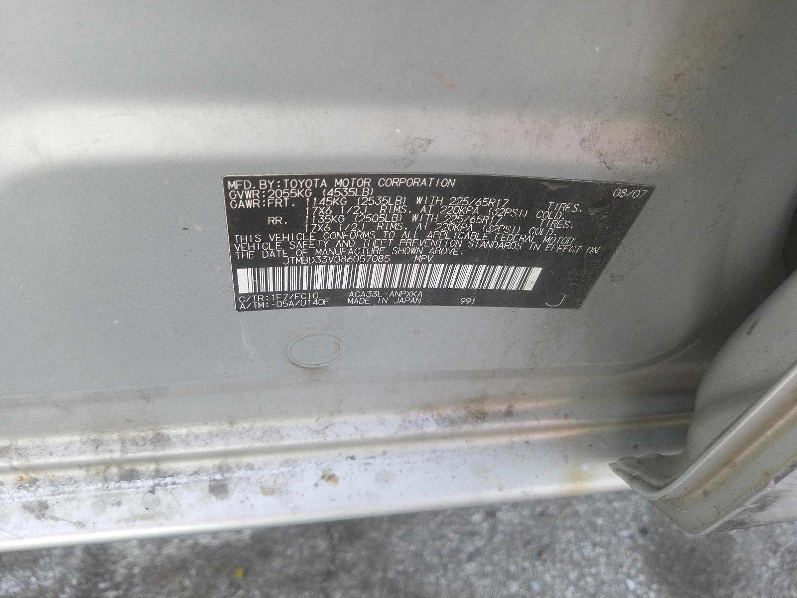Photo 10 from auction – 2008 TOYOTA RAV4 with VIN JTMBD33V086057085