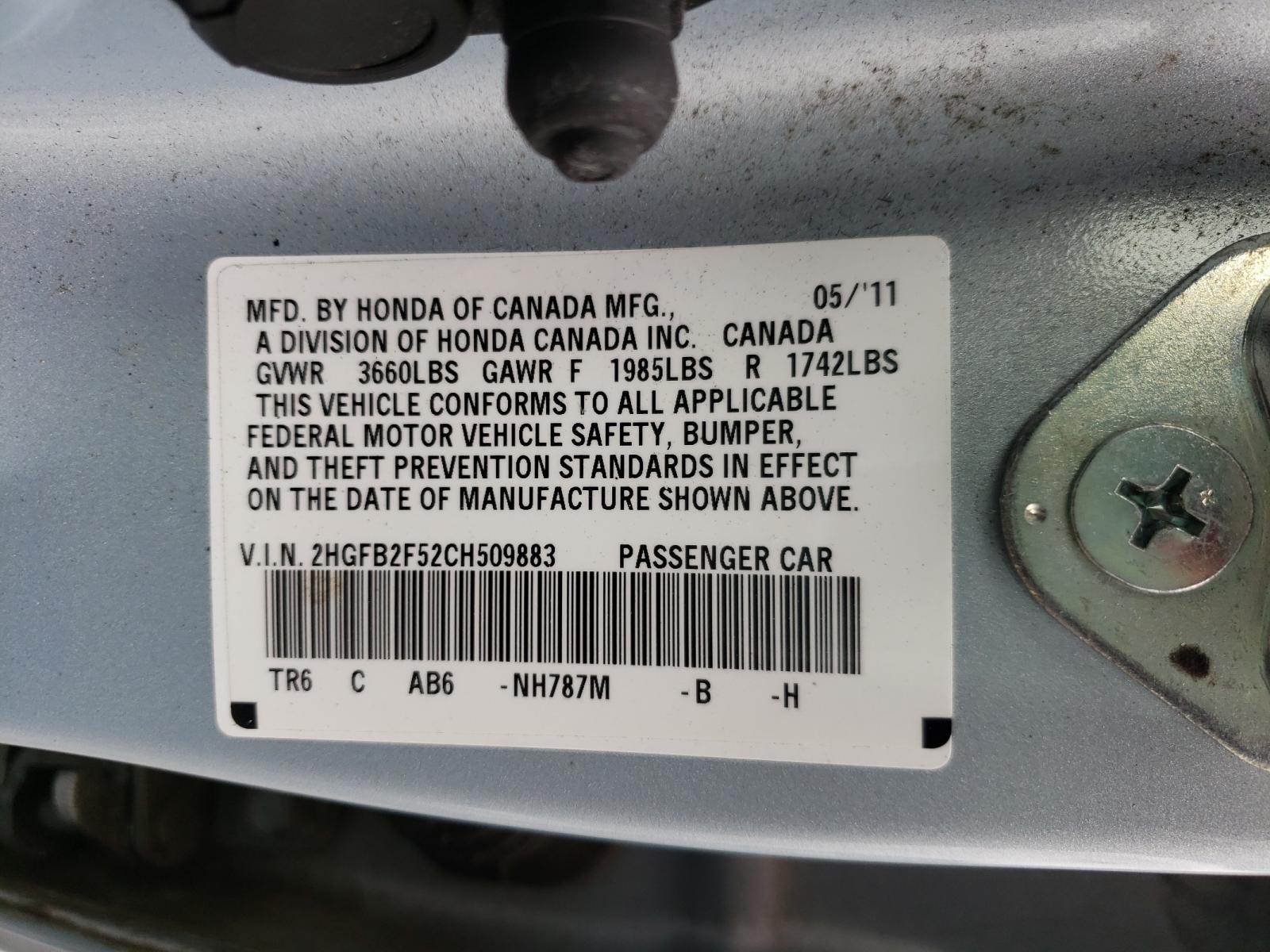 Photo 10 from auction – 2012 HONDA CIVIC LX with VIN 2HGFB2F52CH509883
