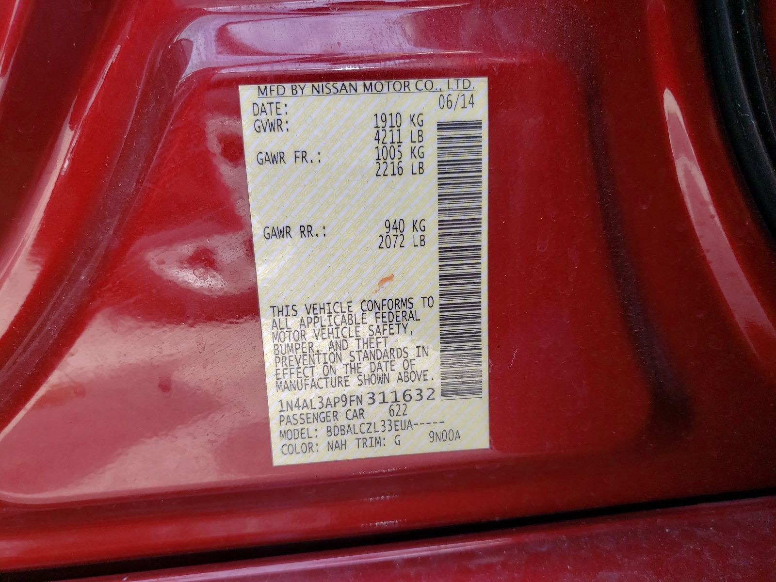 Photo 10 from auction – 2015 NISSAN ALTIMA 2.5 with VIN 1N4AL3AP9FN311632
