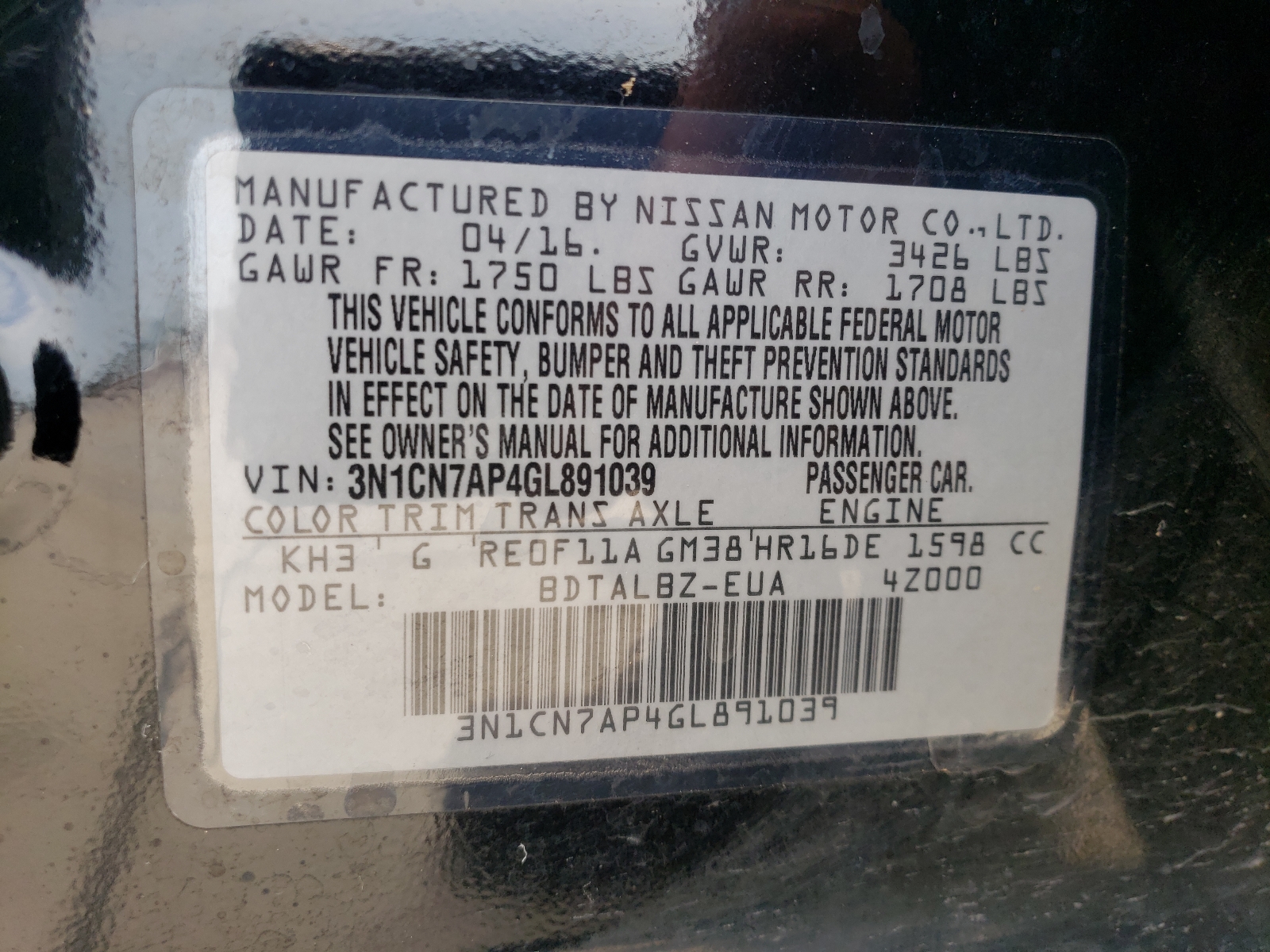 Photo 10 from auction – 2016 NISSAN VERSA S with VIN 3N1CN7AP4GL891039