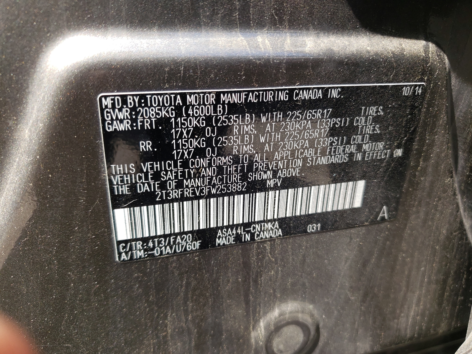 Photo 10 from auction – 2015 TOYOTA RAV4 XLE with VIN 2T3RFREV3FW253882