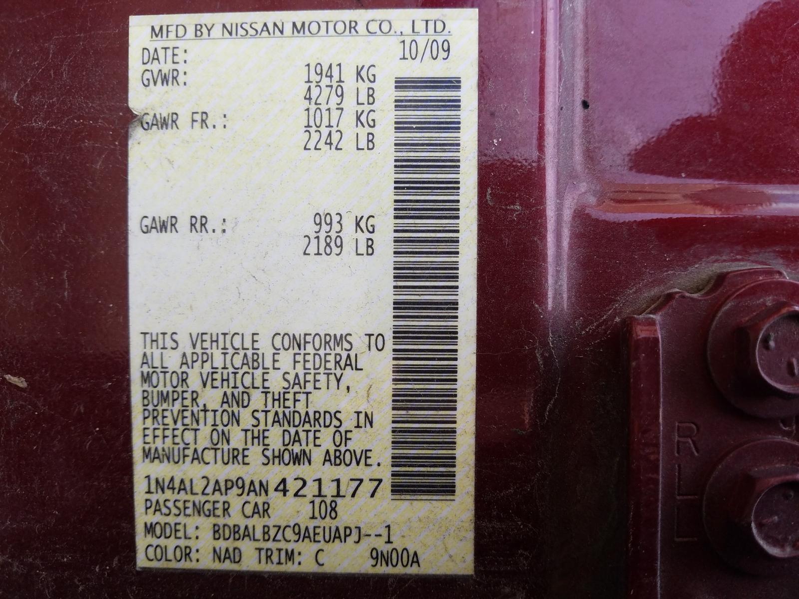 Photo 10 from auction – 2010 NISSAN ALTIMA BAS with VIN 1N4AL2AP9AN421177