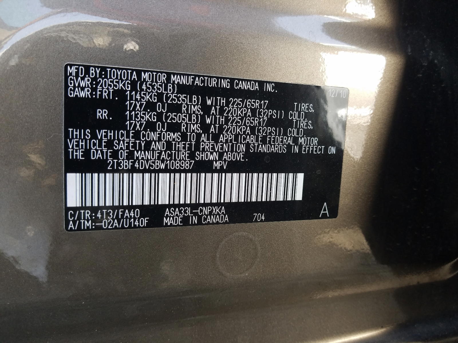 Photo 10 from auction – 2011 TOYOTA RAV4 with VIN 2T3BF4DV5BW108987