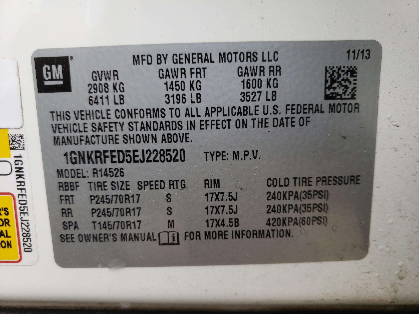 Photo 10 from auction – 2014 CHEVROLET TRAVERSE L with VIN 1GNKRFED5EJ228520
