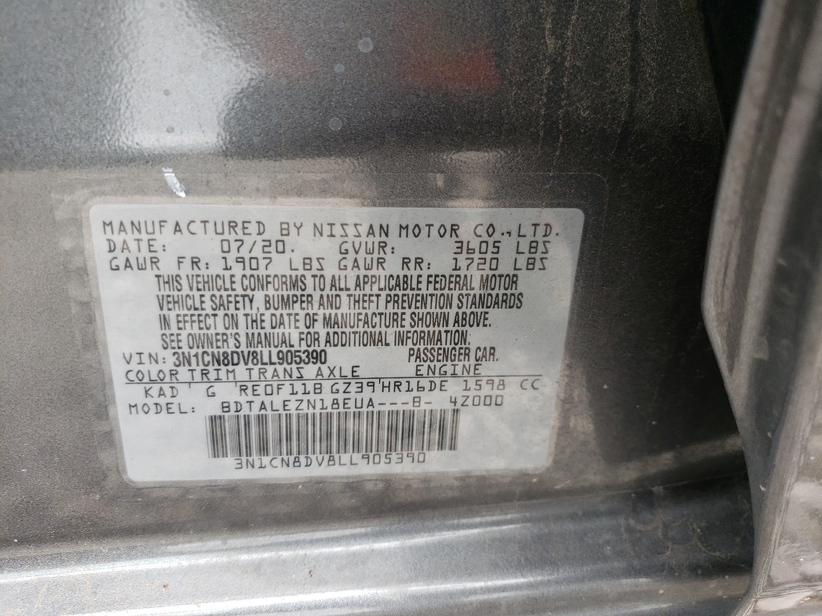 Photo 10 from auction – 2020 NISSAN VERSA S with VIN 3N1CN8DV8LL905390